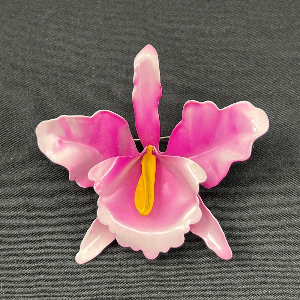 Vintage Brooch Enamel Flower Pink White Orchid Pin Large 3"
